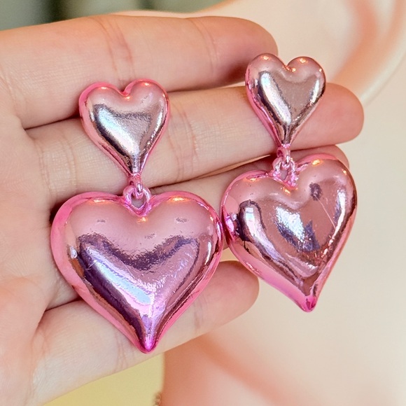 Pink and Silver Heart Earrings - Picture 9 of 10